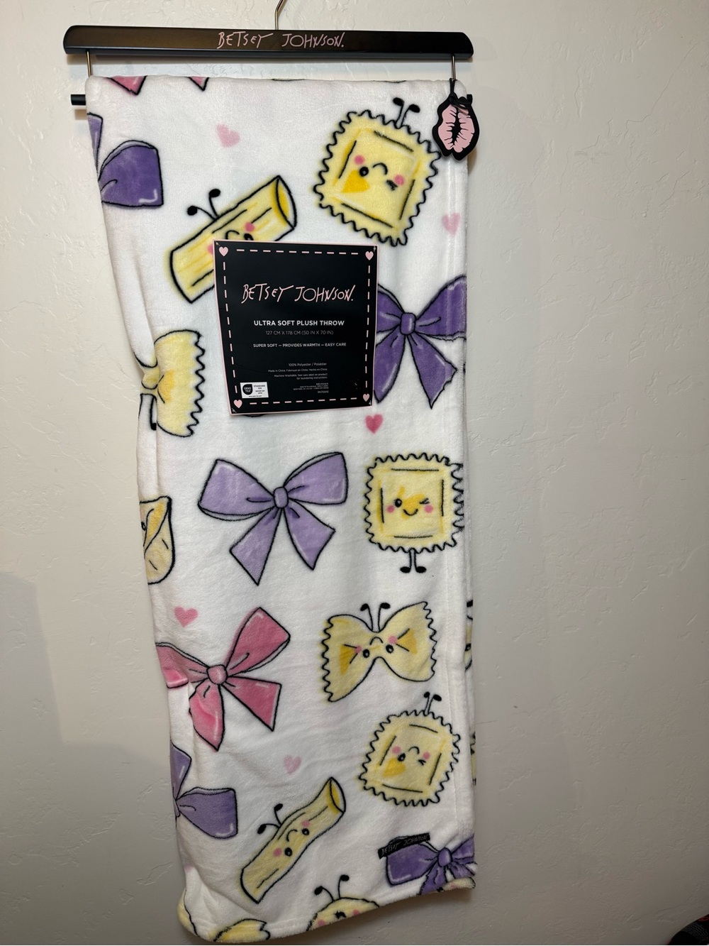 Betsey Johnson Kids Plush Throw Blanket in White, Purple, Pink, Yellow